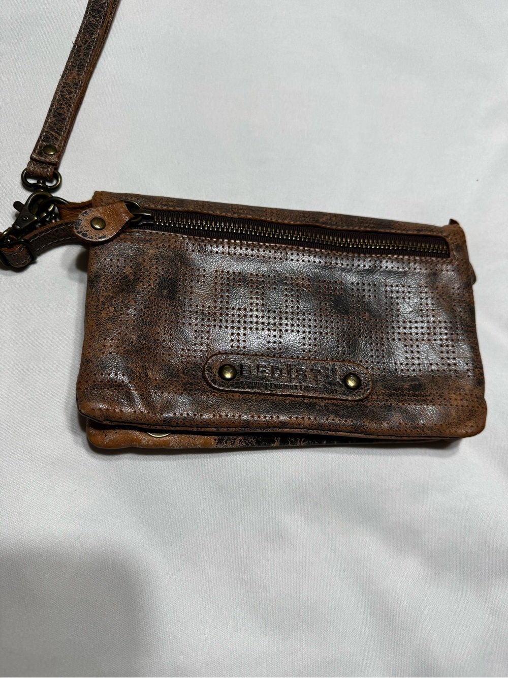 BED|STU Distressed Brown Perforated Leather Wristlet